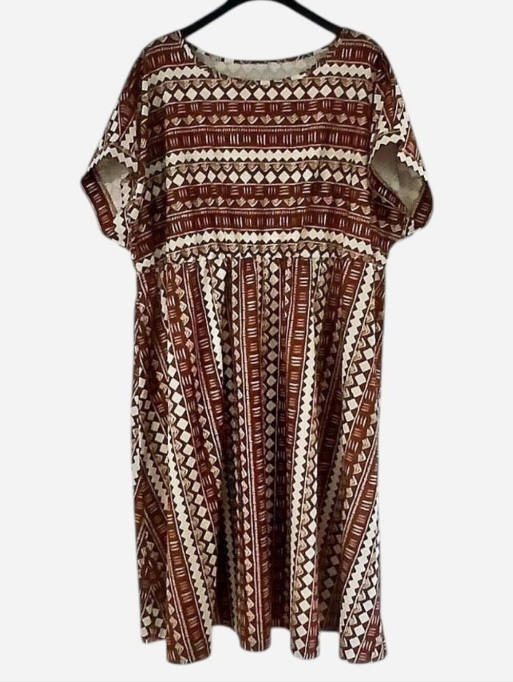 Sason Curve 4XL Dress White Aztec Design on Chocolate Brown Dolman Sleeves Midi